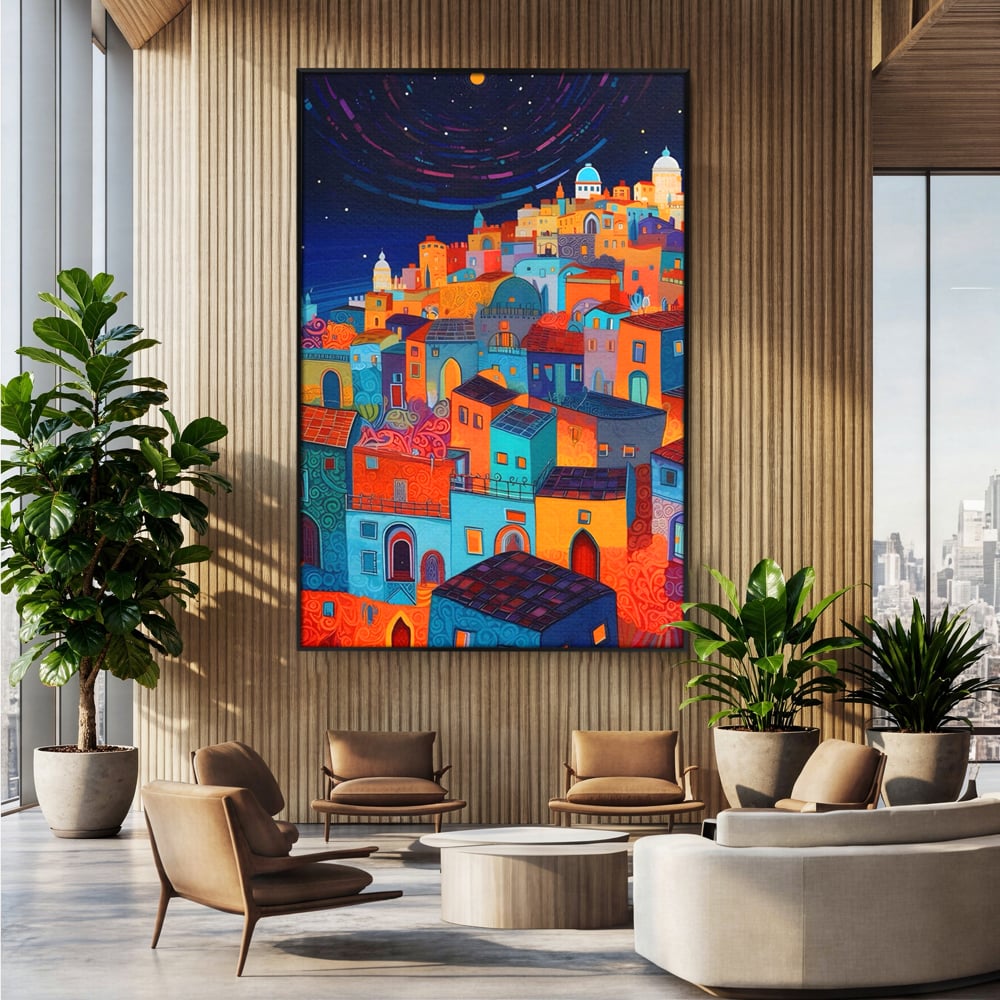 Tablou canvas cu tablou canvas cu oras colorat si cer instelat, in rama de aluminiu negru, pe perete intr-un birou